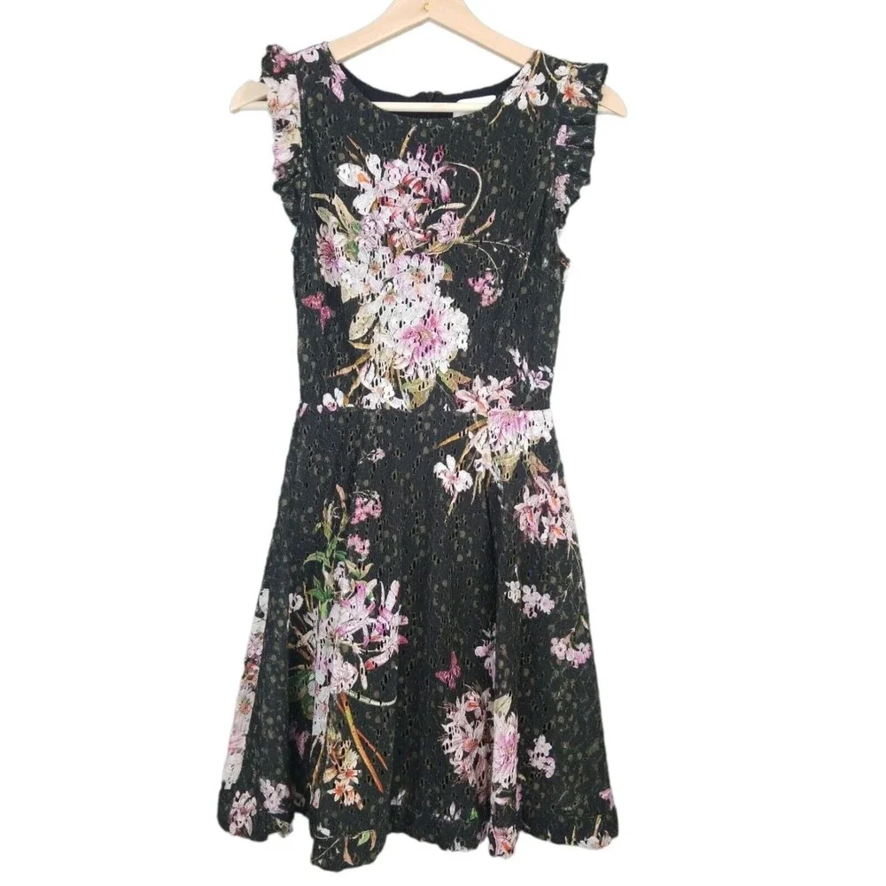Anthropologie Eri +Ali Black Floral Lace Dress 4 Nevaeh Ruffle Cap Sleeve